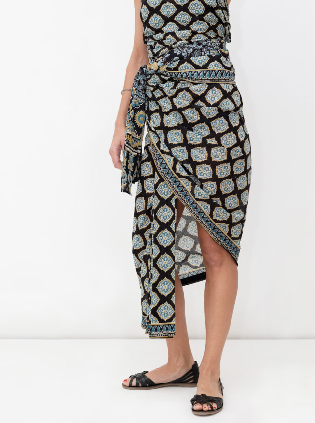 The black and blue block print wrap dress is worn as a strapless wraparound dress. Wrapped to give an asymetric skirt the dress is tied at the waist.