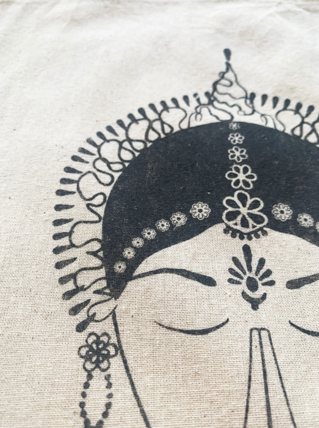 Cotton tote bag featuring the Gungur dancer, an Odissi dancer with hands in Anajali mudra.